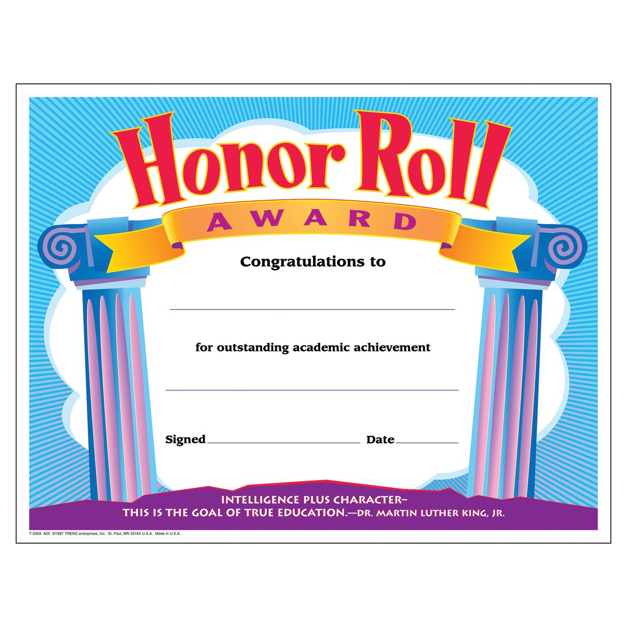 Trend Enterprises® 8.5" x 11" Colorful Classic Honor Roll Award Certificate, 6 Pack Bundle